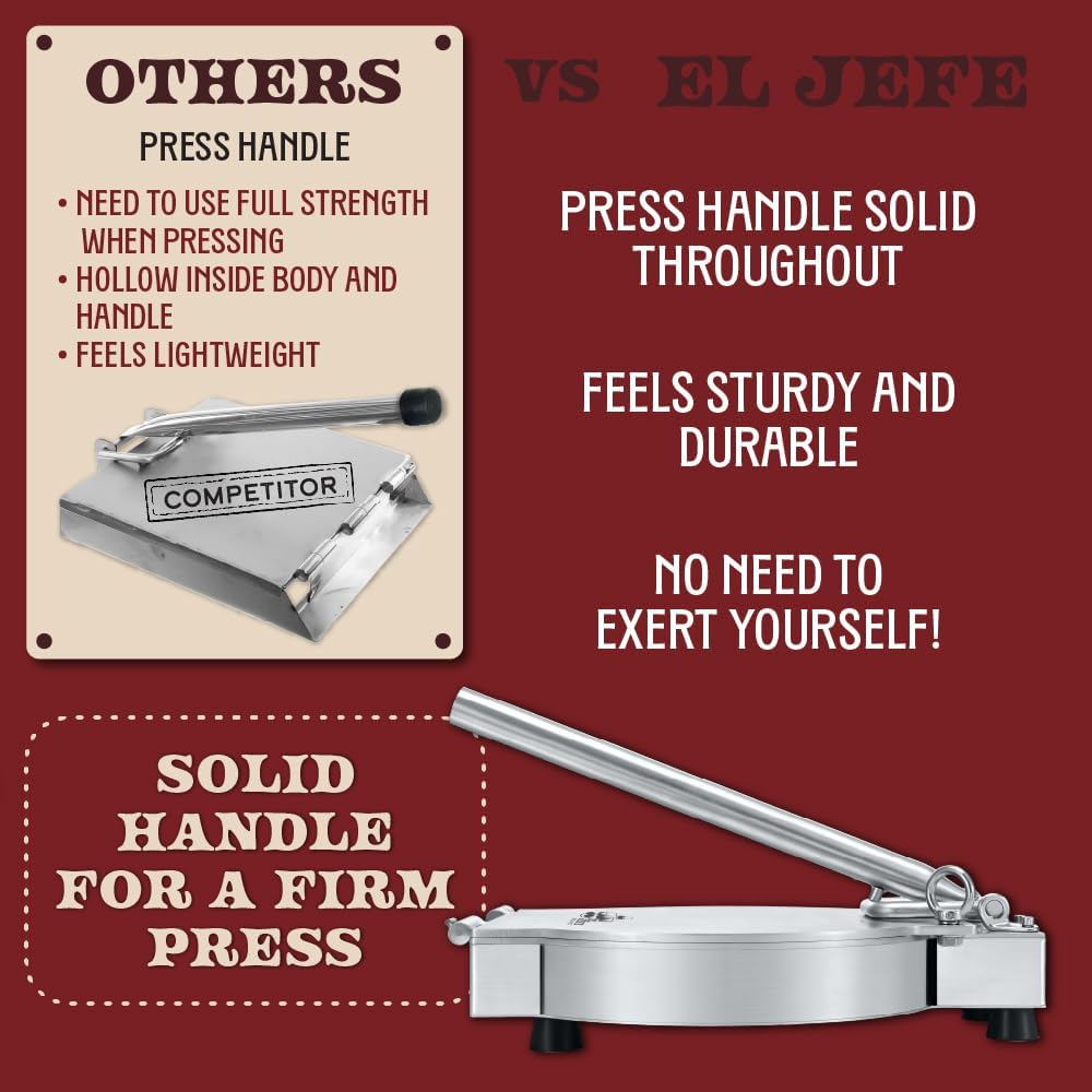 Concord 11' Stainless Steel EL JEFE Commercial Grade Tortilla Press. 2 Gauge Thickness, 18 LBS. Perfect Maker for Flour or Corn Tortillas, Quesadillas, Roti, and much more!