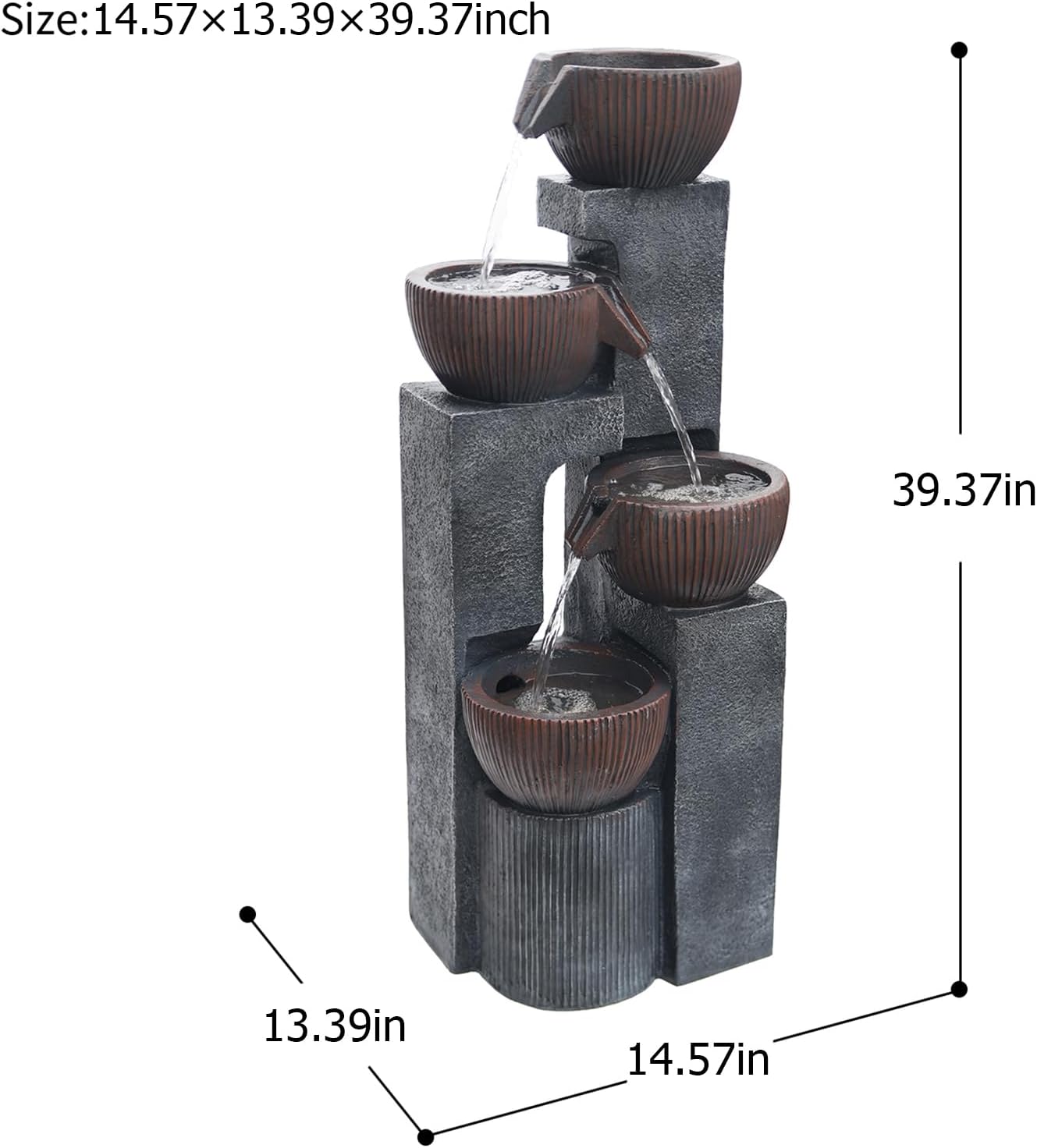 4 Tiered Cascading Outdoor Water Fountain with LED Lights 39.37''H Floor-Standing Garden Waterfall Fountains 4 Bowls Water Feature Fall for Patio Yard Porch Home Art Decor