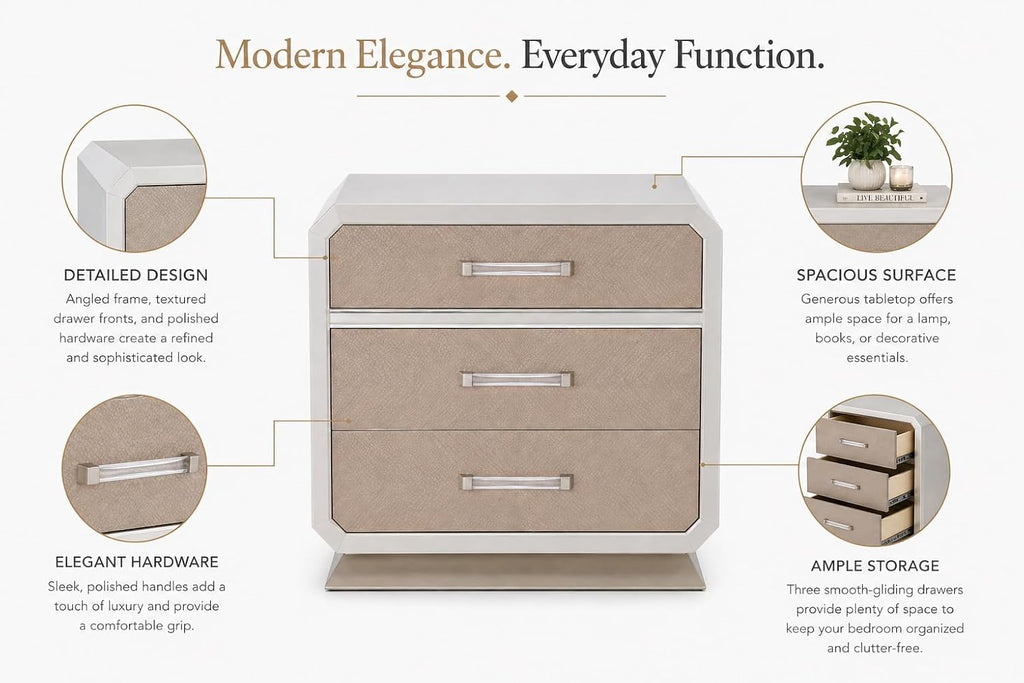 First of a Kind Nightstand Modern Glam Wood Bedside Table Dior Collection Two Tone Finish Elegant Design Bedroom Nightstand Sleek Structured Detailing Coordinated Furniture Piece