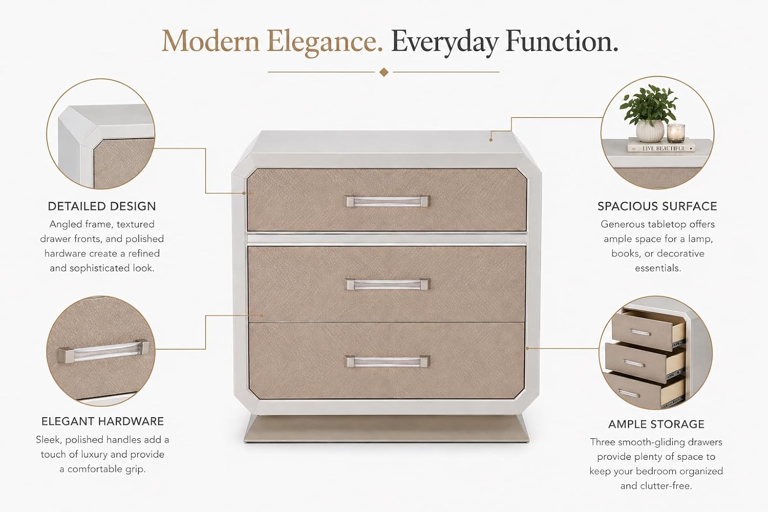 First of a Kind Nightstand Modern Glam Wood Bedside Table Dior Collection Two Tone Finish Elegant Design Bedroom Nightstand Sleek Structured Detailing Coordinated Furniture Piece