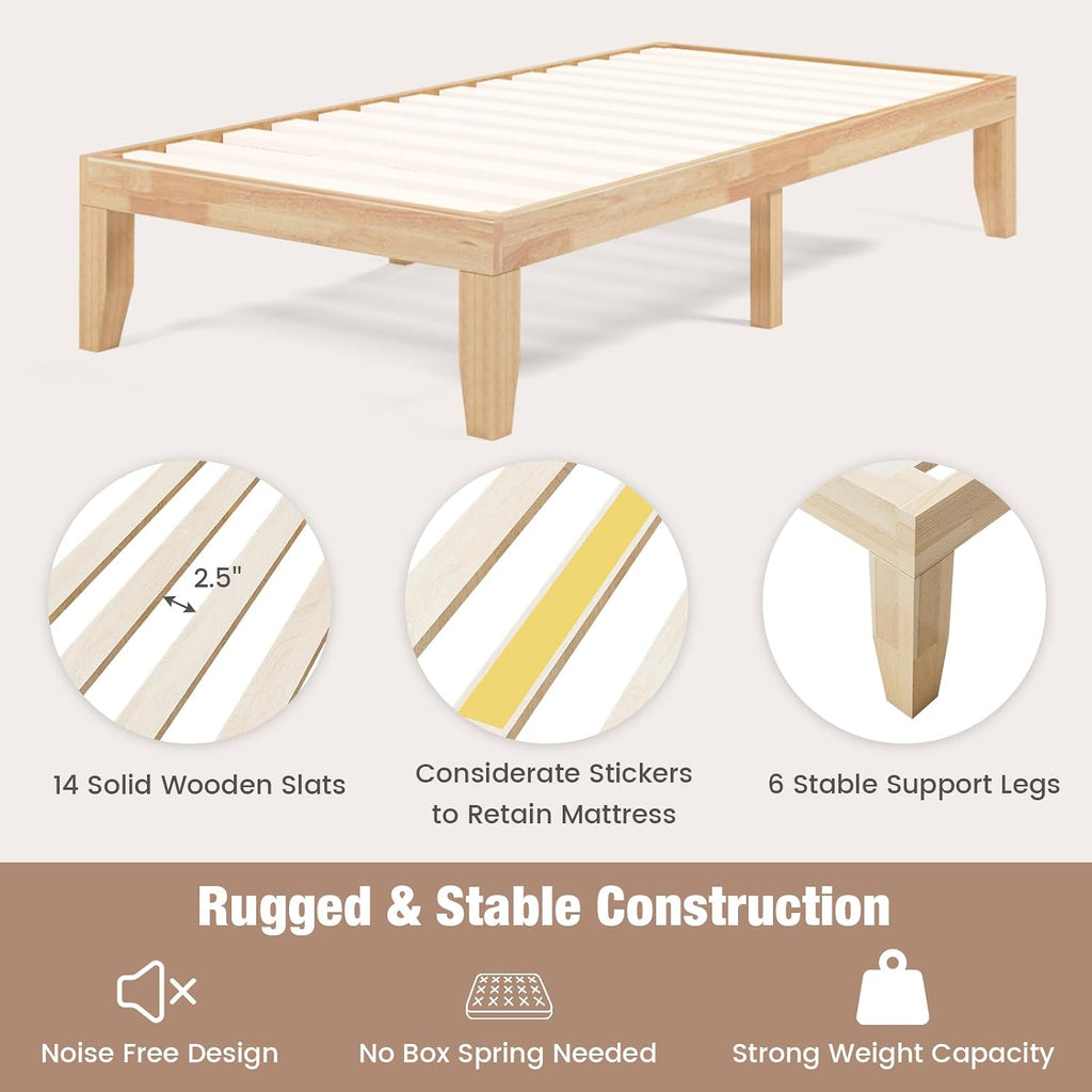 Giantex 14 Inch Twin Wood Platform Bed Frame, Minimalist Style Mattress Foundation with Solid Rubber Wood, Heavy Duty Slat Support, Without Headboard, Easy Assembly, No Box Spring Needed, Natural