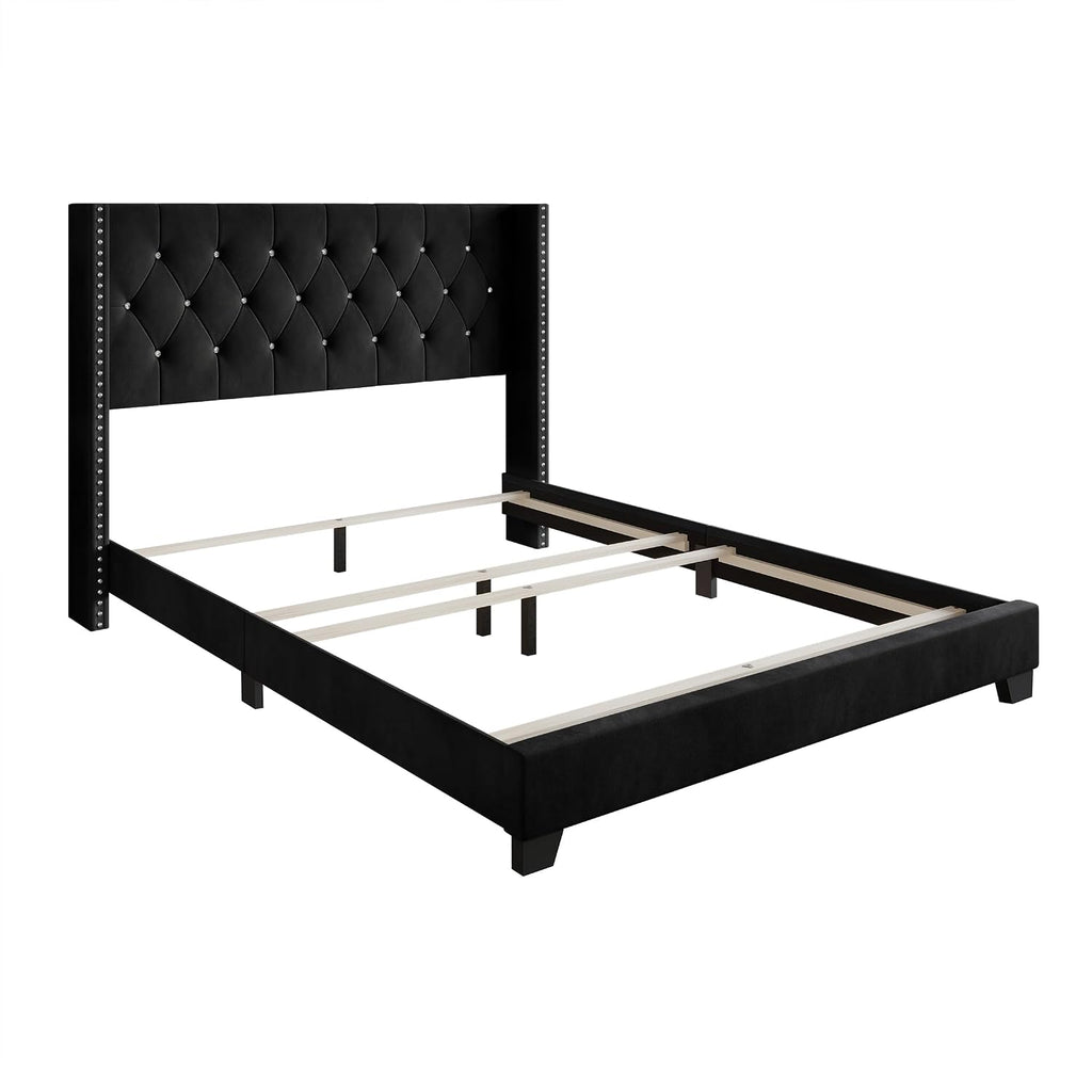 Queen Button Tufted Wingback Velvet Upholstered Bed, Black