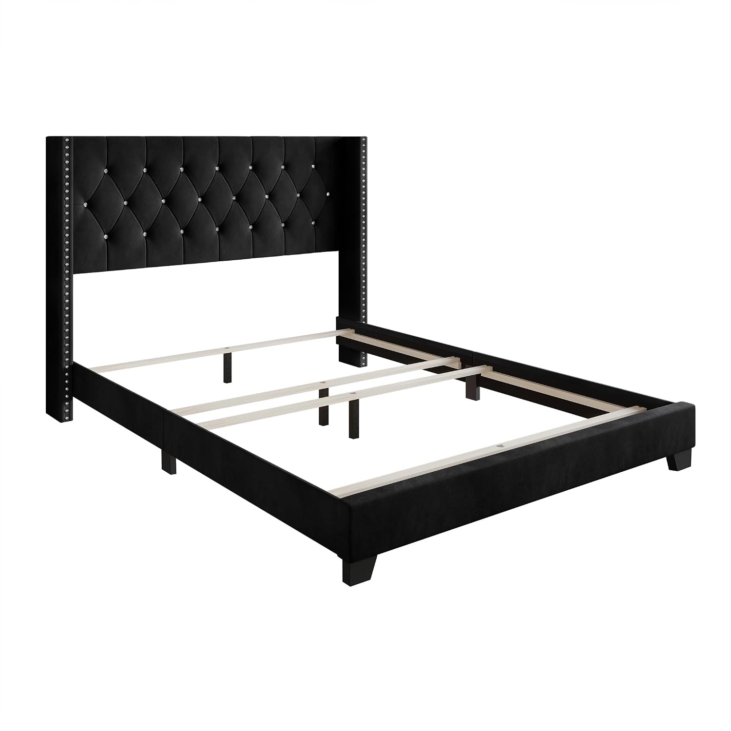 Queen Button Tufted Wingback Velvet Upholstered Bed, Black