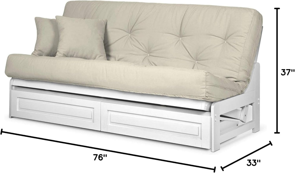 Nirvana Futons Arden White Futon with Storage Drawers Full or Queen Size - Space Saving Armless Design with Comfortable Mattress (Twill Ivory), Sofa Bed Available in