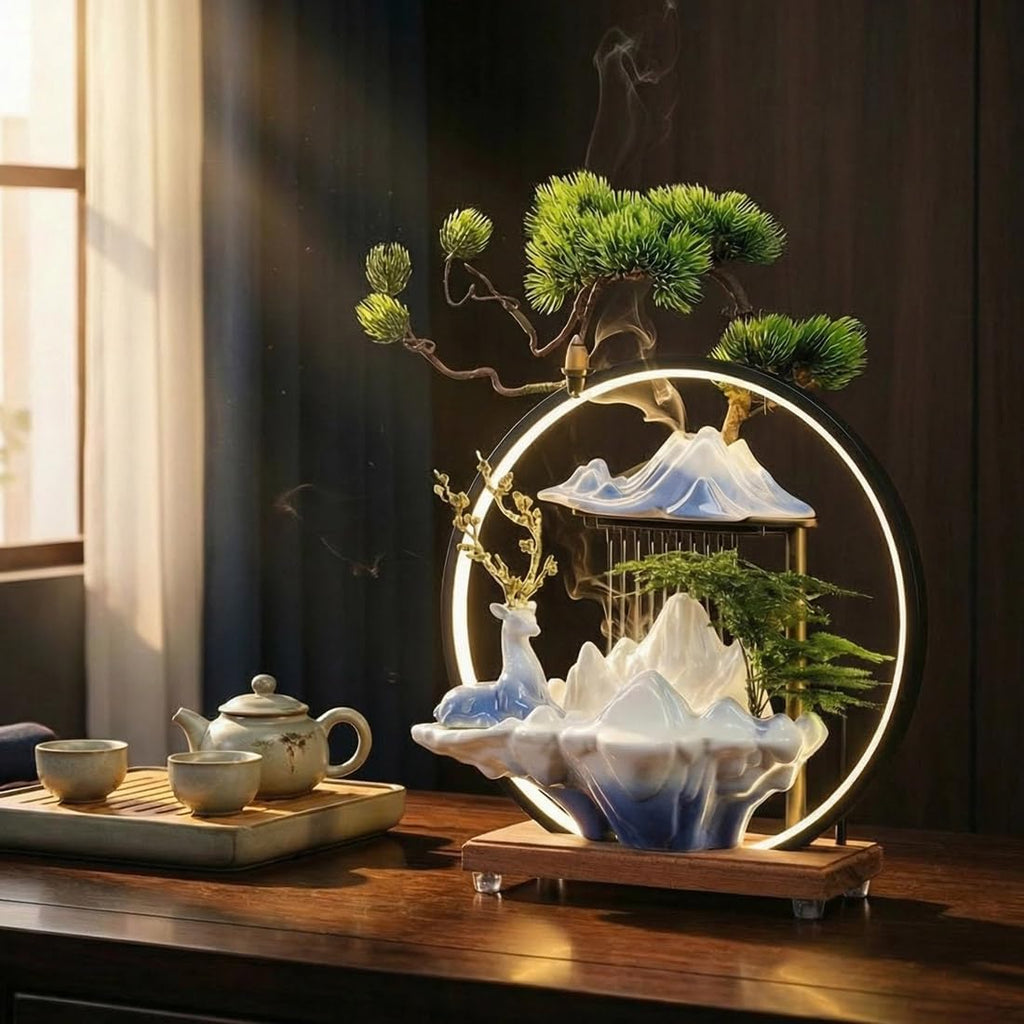 Tabletop Water Fountain Ceramic Deer Statue - Backflow Incense Holder with Adjustable USB LED Light Ring, Quiet Mini Indoor Waterfall Water Feature for Home Office Meditation Zen Relaxation Gift