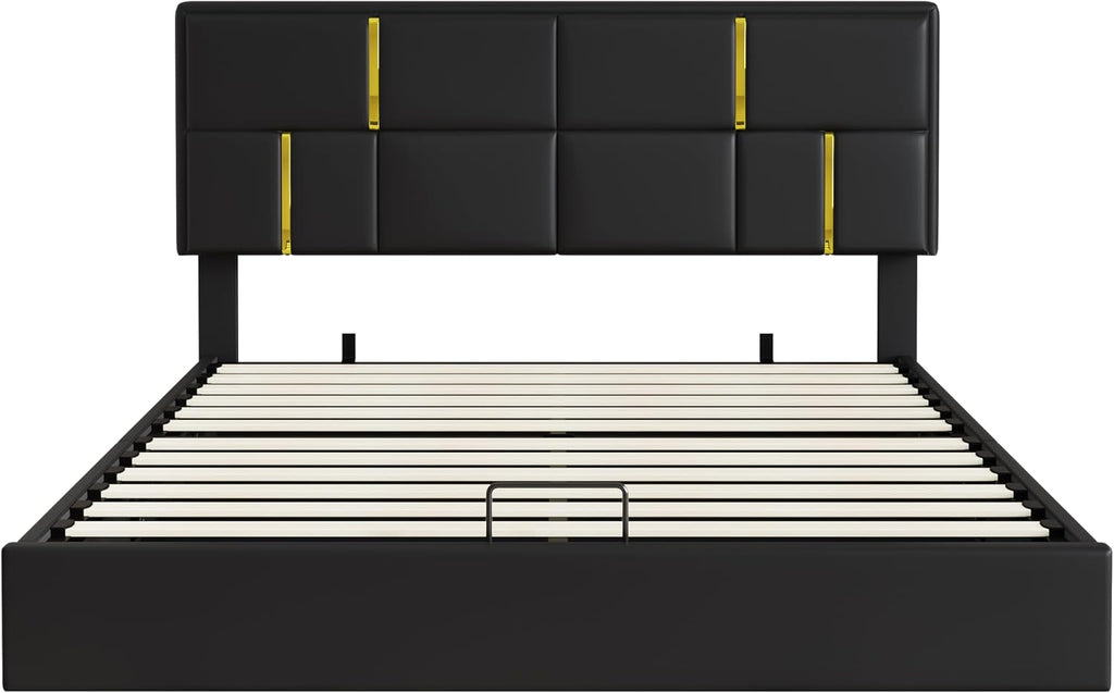 JIVOIT Upholstered Platform Bed with Hydraulic Storage System, Queen Size Storage Bed with Headboard and Wood Slats Support, Space Saving Wood Platform Bed Frame for Bedroom (Black,Bed,5)