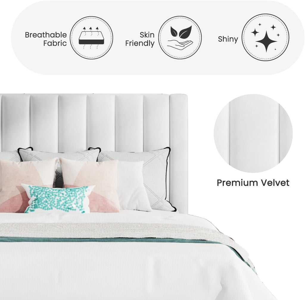 SHA CERLIN King Bed Frame/Velvet Upholstered Platform Bed Frame with Headboard/Strong Wood Slats Support/Mattress Foundation/No Box Spring Needed/Easy Assembly/White