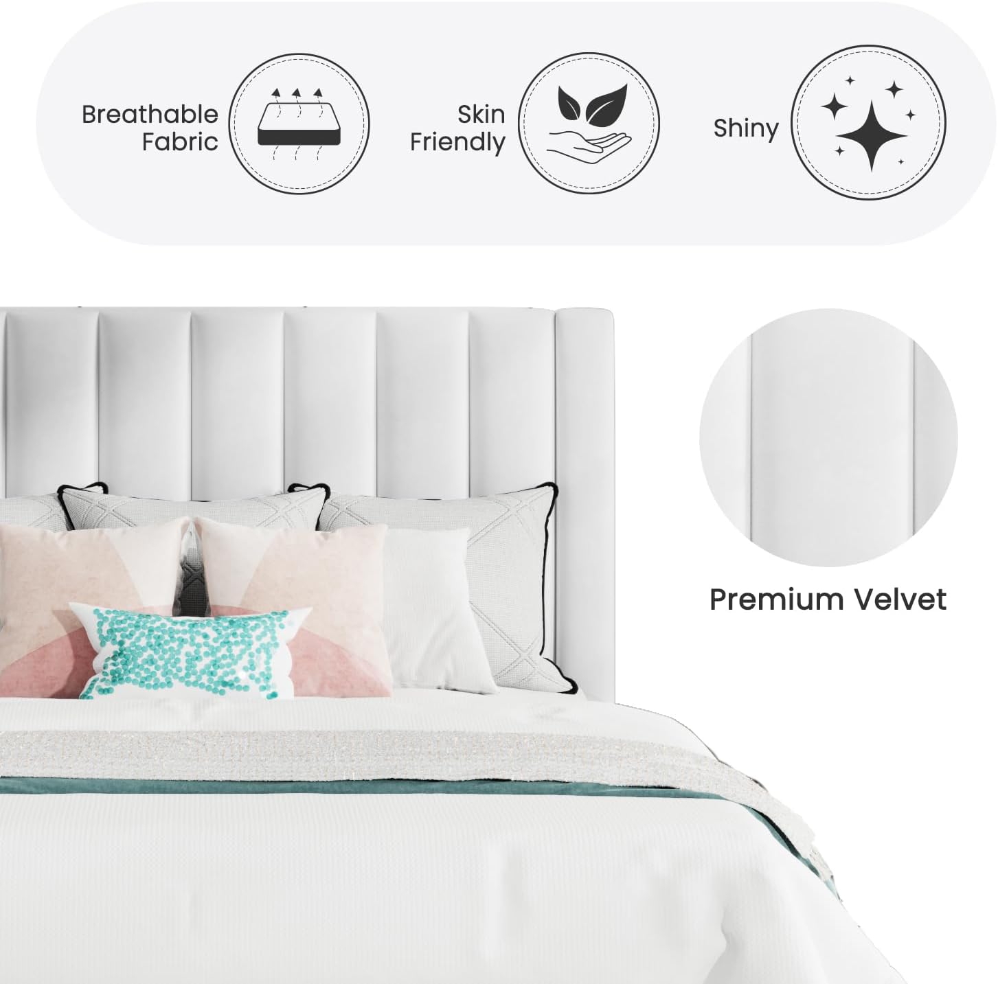 SHA CERLIN Full Bed Frame/Velvet Upholstered Platform Bed Frame with Headboard/Strong Wood Slats Support/Mattress Foundation/No Box Spring Needed/Easy Assembly/White
