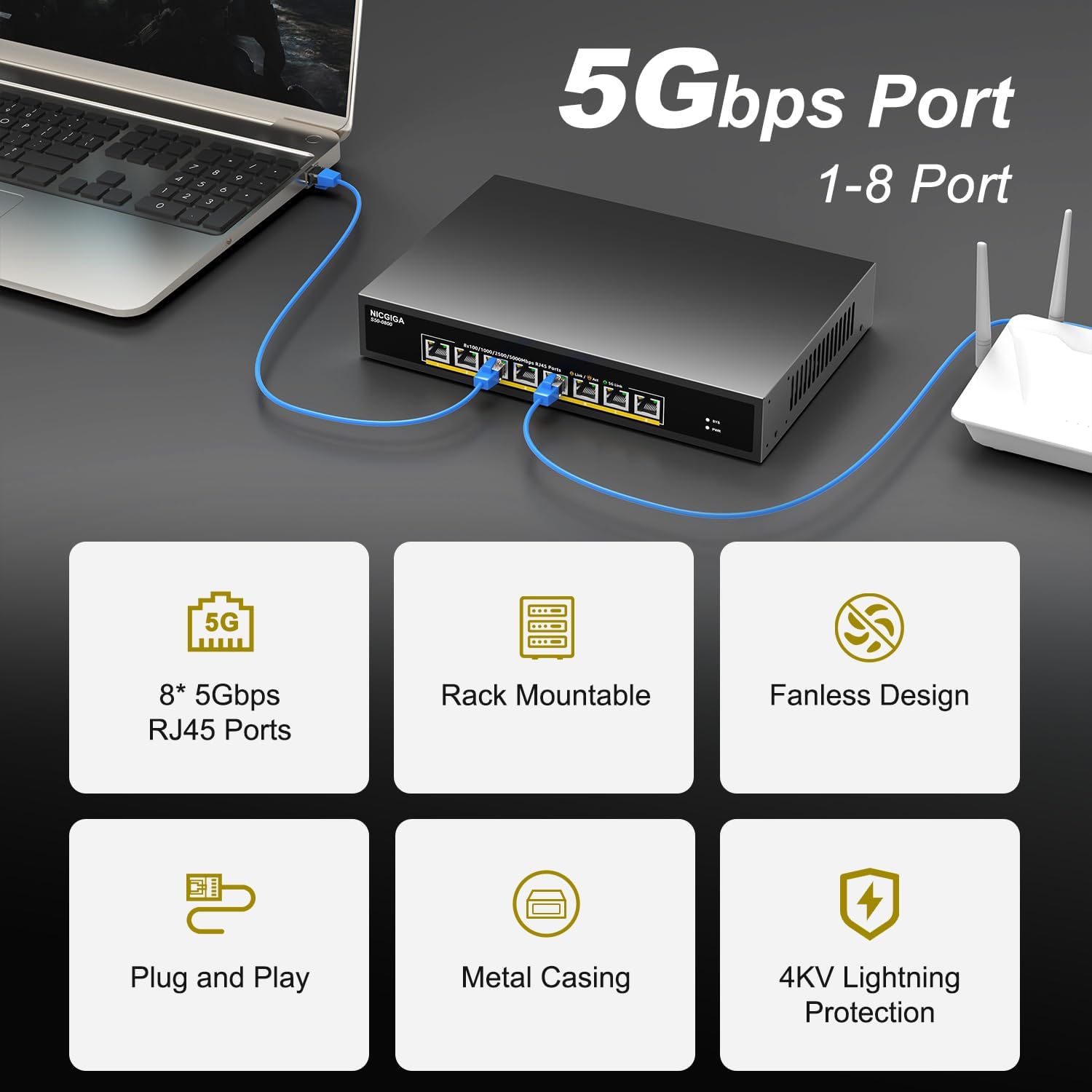 8 Port 5G Ethernet Switch Unmanaged,with 8X 5Gb Base-T Ports, NICGIGA 5Gbps Network Switch Easy for 5G NAS,PC,WiFi7 Router,5Gbe Adapter/NIC. Desktop or 19-inch Rack Mount, Plug and Play.