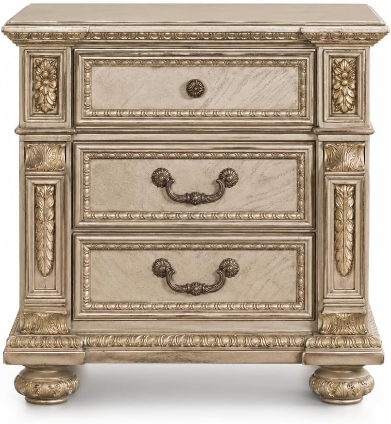 First of a Kind Carolina Gold Finish Traditional Nightstand, High Gloss Style Bedside Table, Upholstered Design, Ornate Carved Wood Accent Furniture for Coordinated Bedroom Interiors