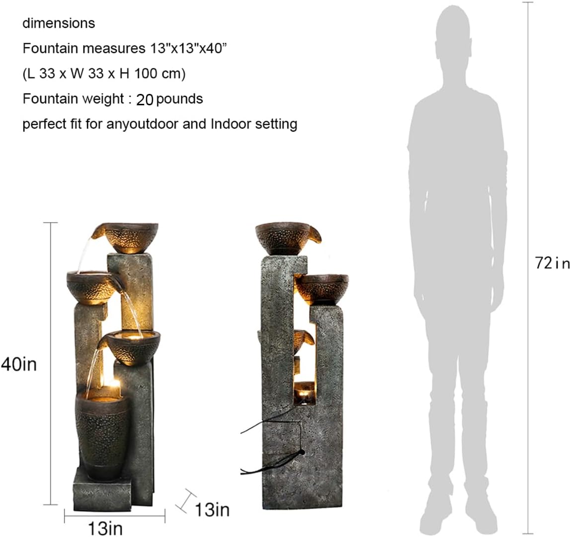 Hamiedun 40''H Water Fountain Outdoor Decor, 4-Tier Crocks Fountains for Outsides with LED Lights, Indoor Waterfalls Fountain for Garden, Patio, Deck, Porch, Backyard and Home Art Decor (40inch)