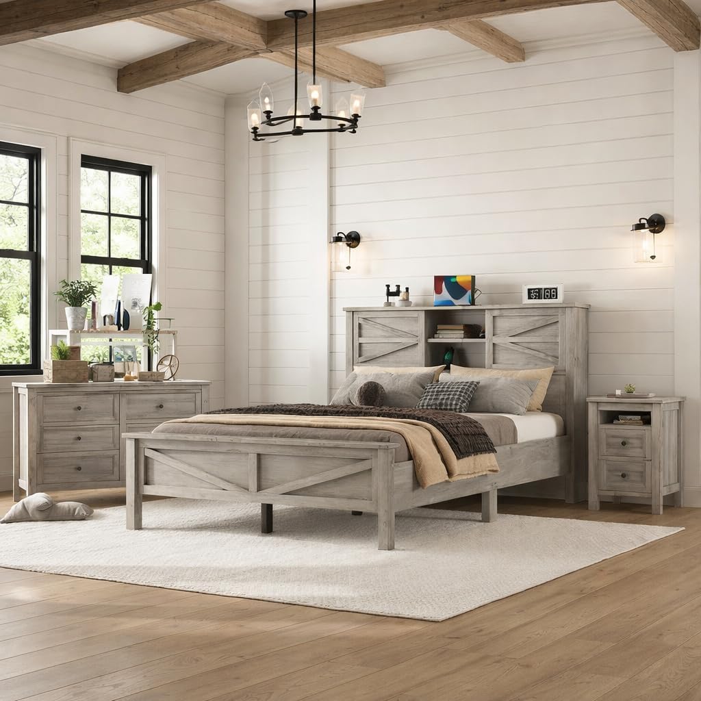 Farmhouse Bedroom Set 3 Pieces, Queen Size Wood Platform Bed Frame, Nightstand and Dressing Table, Queen Bedframe with Double Sliding Door Headboard and Charging Station (Antique Gray, Queen)