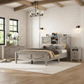 Farmhouse Bedroom Set 3 Pieces, Queen Size Wood Platform Bed Frame, Nightstand and Dressing Table, Queen Bedframe with Double Sliding Door Headboard and Charging Station (Antique Gray, Queen)