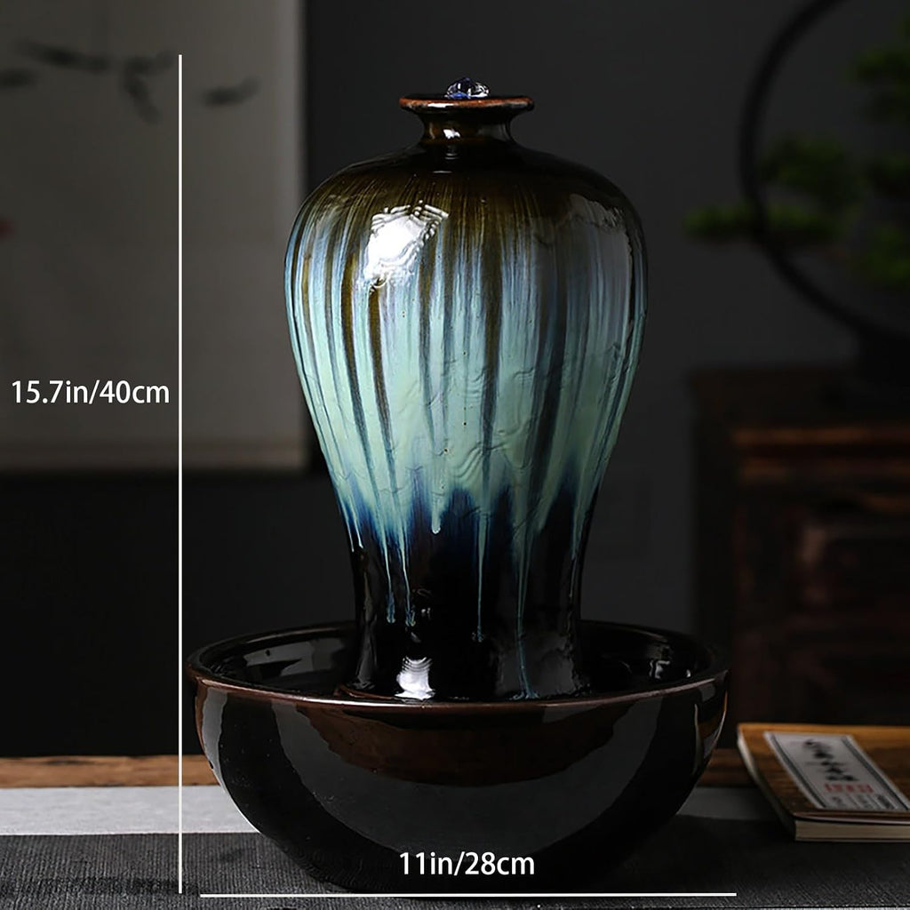 Tabletop Water Fountain, Zen Relaxation, Ceramic Material, Vase Shape, Indoor Waterfall, Meditation, for Home Office Bedroom Living Room Desktop Decor(Green,11 * 11 * 15.7IN)