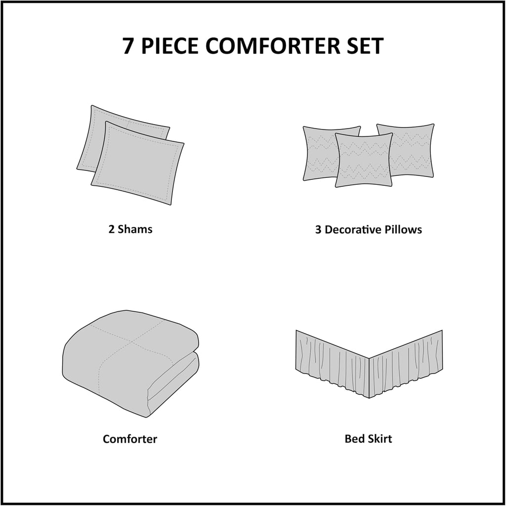 Madison Park Walter Comforter - Luxe Seersucker Print Design, All Season Down Alternative Bedding, Matching Shams, Bedskirt, Decorative Pillows, Grey King(104'x92') 7 Piece