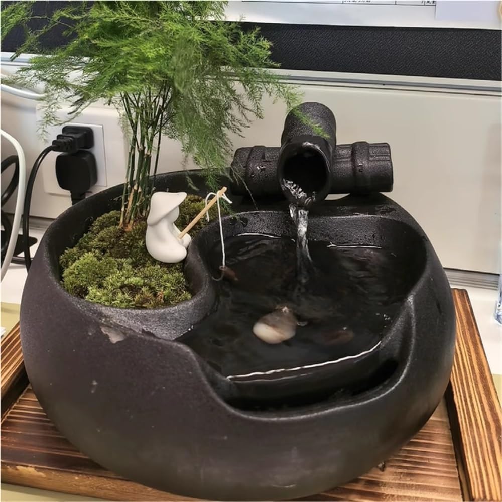 Small Indoor Waterfall Fountain, Ceramic Tabletop Fountain Water Feature Fall, Water Decoration, Humidifier for Home, Office(Black)