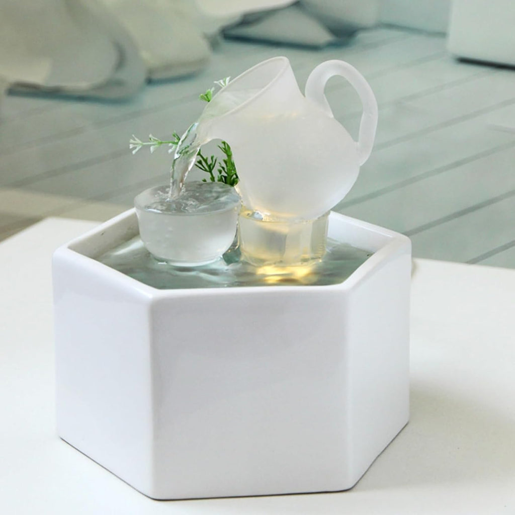 Creative Waterfall Fountain Indoor Office Tabletop Fountain Decor, Indoor Water Fountains White Ceramic Circulating Water Indoor waterfall with Warm White LED Light for Home Office Bedroom Relaxation.