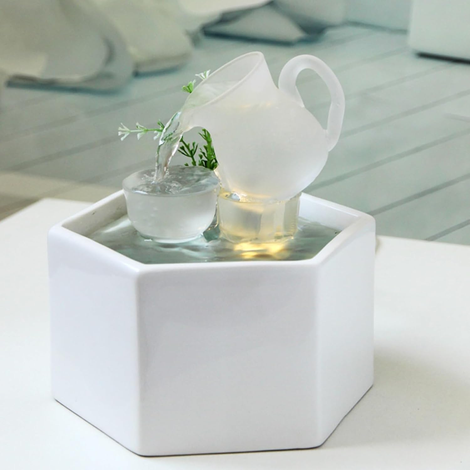 Creative Waterfall Fountain Indoor Office Tabletop Fountain Decor, Indoor Water Fountains White Ceramic Circulating Water Indoor waterfall with Warm White LED Light for Home Office Bedroom Relaxation.