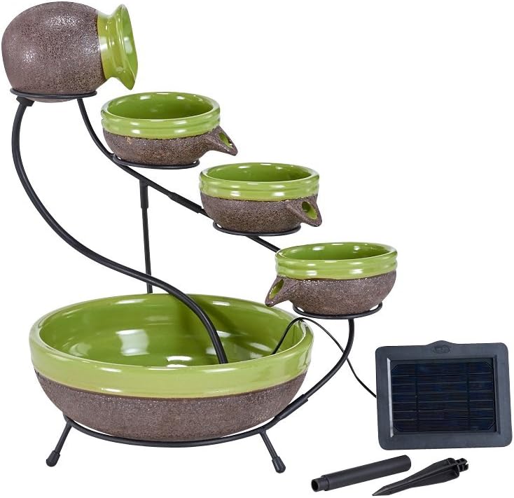 Smart Solar 23963R01 Solar-Powered 4-Tier Cascading Fountain, Kiwi And Rustic Brown, Powered By A Separate Included Solar Panel Along With a 10-Foot Cable