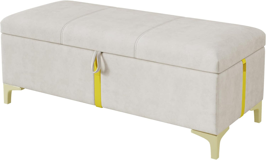 JIVOIT Elegant Design 2-Pieces Bedroom Sets, Queen Size Upholstered Platform Bed with Hydraulic Storage System, Upholstered Storage Ottoman with Metal Legs, Space Saving Design (Beige,Sets,5)