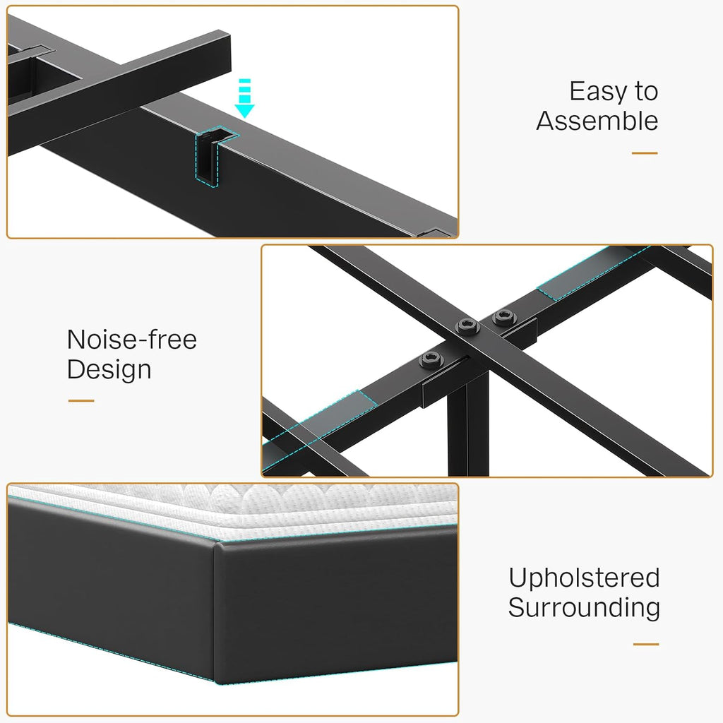 Dnxao King Size Floating Bed Frame with Storage Headboard, Tall 44' Upholstered Platform Bed with Charging Station, Dual-Zone LED Lights, No Box Spring Needed, PU Black