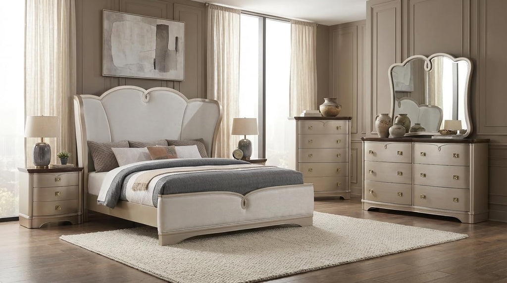 First of a Kind Rose Soft Champagne Finish Traditional 5 Piece Queen Bedroom Set with Upholstered Tufted Headboard Ornate European Style Coordinated Furniture Collection