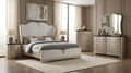First of a Kind Rose Soft Champagne Finish Traditional 5 Piece Queen Bedroom Set with Upholstered Tufted Headboard Ornate European Style Coordinated Furniture Collection