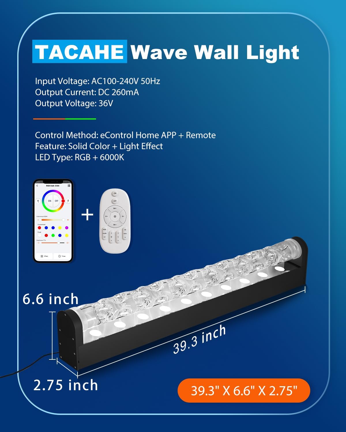TACAHE RGBW Dynamic Wave Wall Light - Flowing Water, Aurora Visual - Color Changing Wall Washer Lamp with Remote & APP - Ambient Light for Living Room, Gaming Set - 39.3' - 12W - 1 Pack