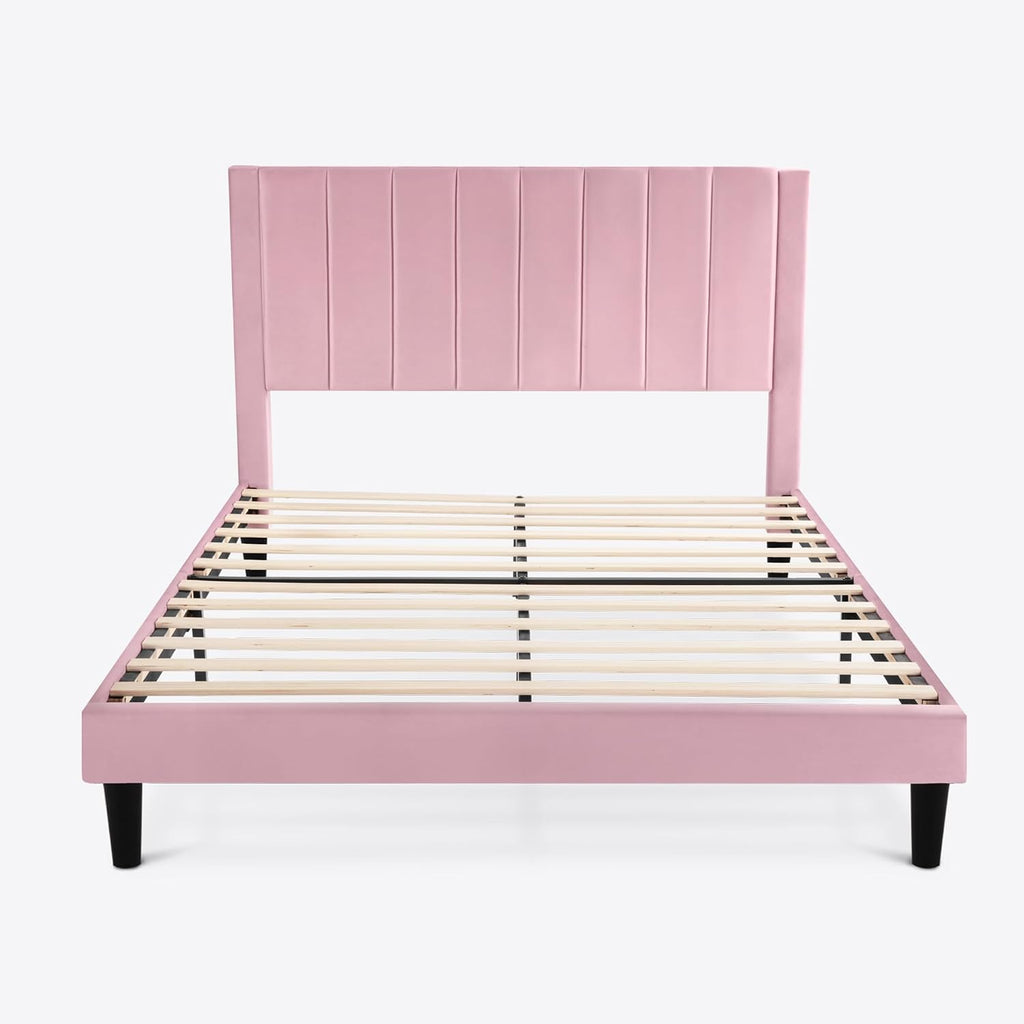 SHA CERLIN Queen Bed Frame/Velvet Upholstered Platform Bed Frame with Headboard/Strong Wood Slats Support/Mattress Foundation/No Box Spring Needed - Pink