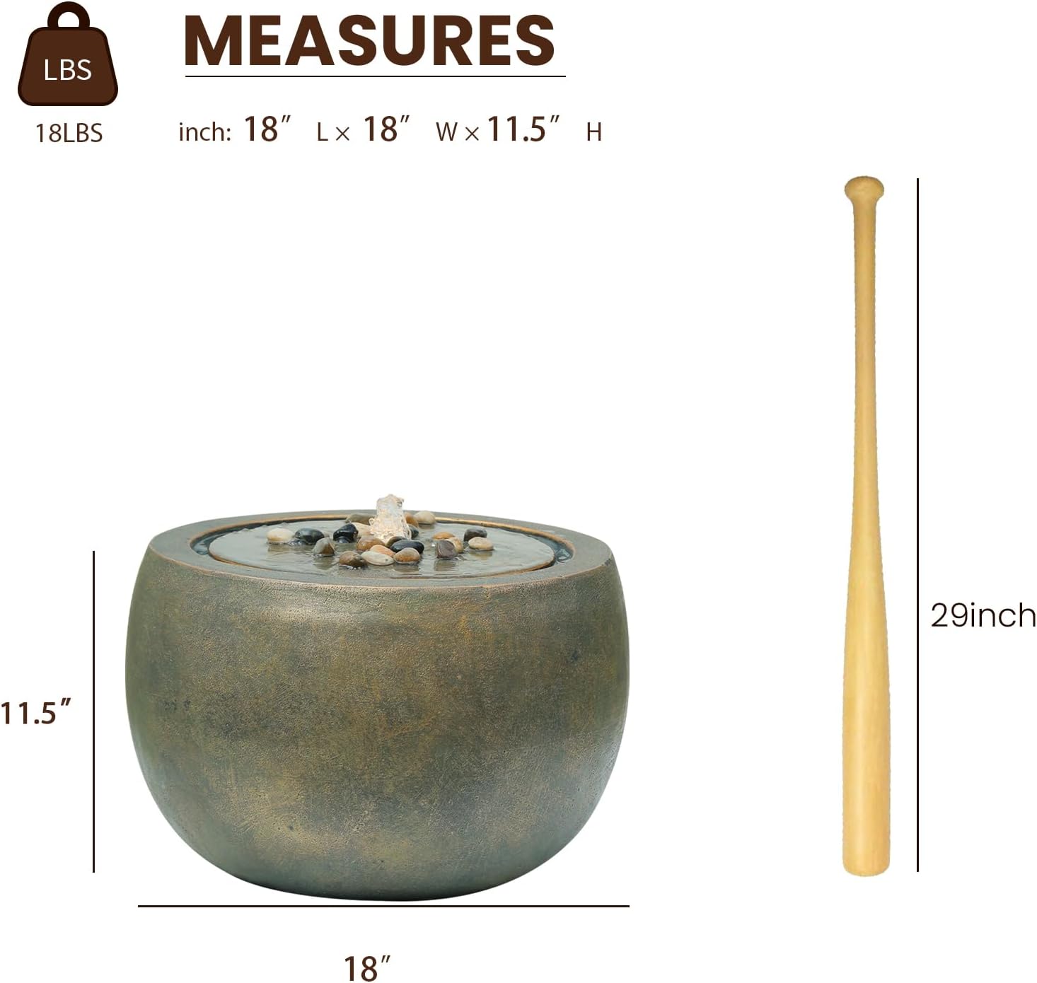 Tankana Garden Water Fountain Outdoor Bubbler Water Feature Indoor with Lights & Pump and Pebbles Waterfall Fountains Concrete Effect for Patio Deck Yard Home Decor Gold, 18 'L x 18' W x 11.5' H