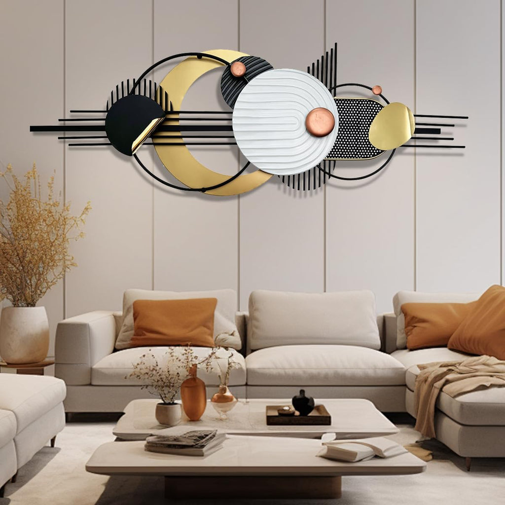Metal Wall Art, Black and White Gold Wall Sculptures, Minimalist Geometric Decor, 3D Large 59'*21' Wall Art for Living Room Bedroom Bathroom Study Modern Wall Decor, Home Hanging Wall Sculpture
