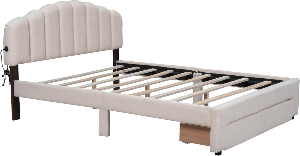 KLMM Chic Teddy Fleece Queen Size Upholstered Platform Bed with Drawer,LED Lights and 2 USB Ports,for Kids Teens Adults Bedroom Use (Beige@Drawer, Queen)