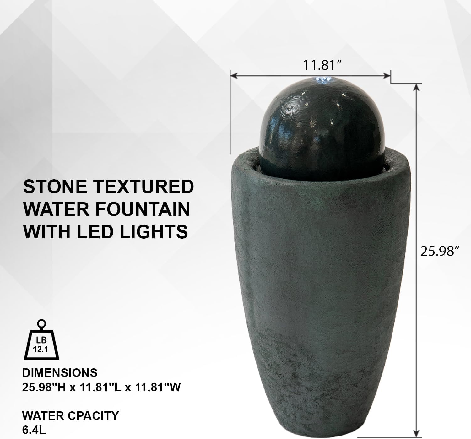 XBrand 25.98' Modern Sphere Water Fountain with LED Light – Indoor Outdoor Stone Texture Floor Fountain, Zen Bubbling Ball Water Feature for Garden Patio Porch - Dark Green