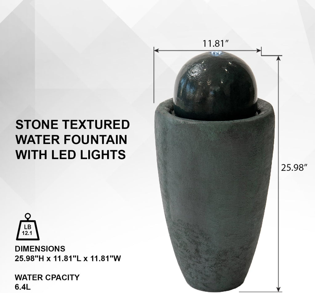 XBrand 25.98' H Dark Green Round Stone Indoor/Outdoor Modern Sphere Water Fountain w/LED Lights – Ball Bubbling Fountain Décor for Garden, Patio, or Tabletop