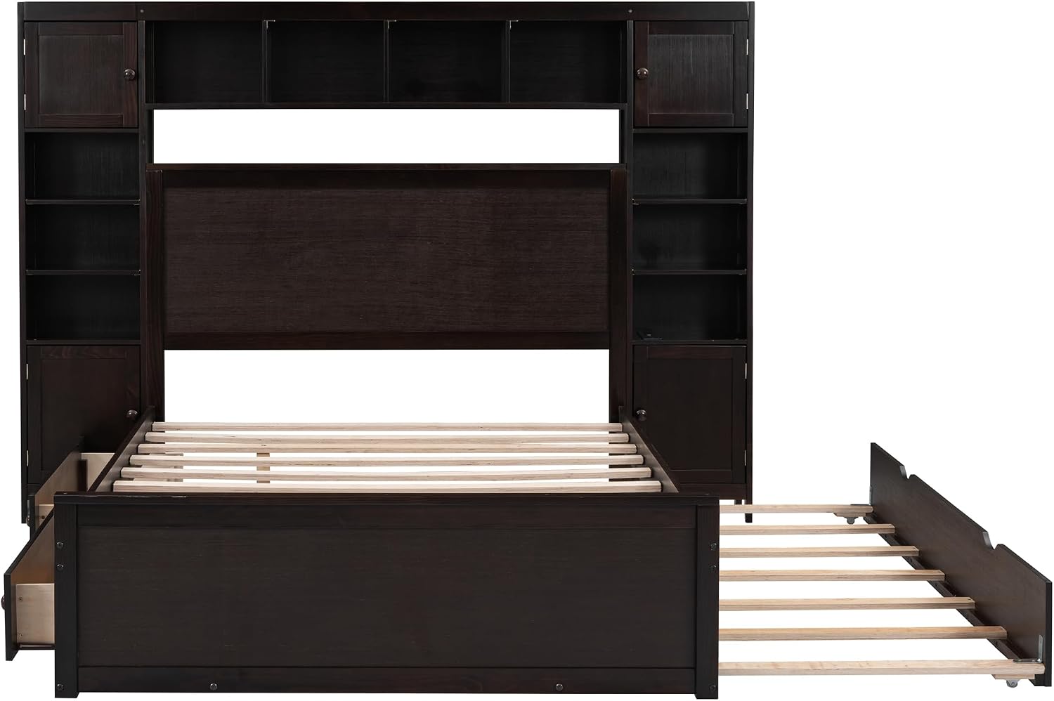 Harper & Bright Designs Full Platform Bed with All-in-One Cabinet, Shelf and Sockets Wood Full Size Beds with Trundle & 2 Drawers, Full Bed Frame for Bed Room, No Box Spring Needed,Espresso