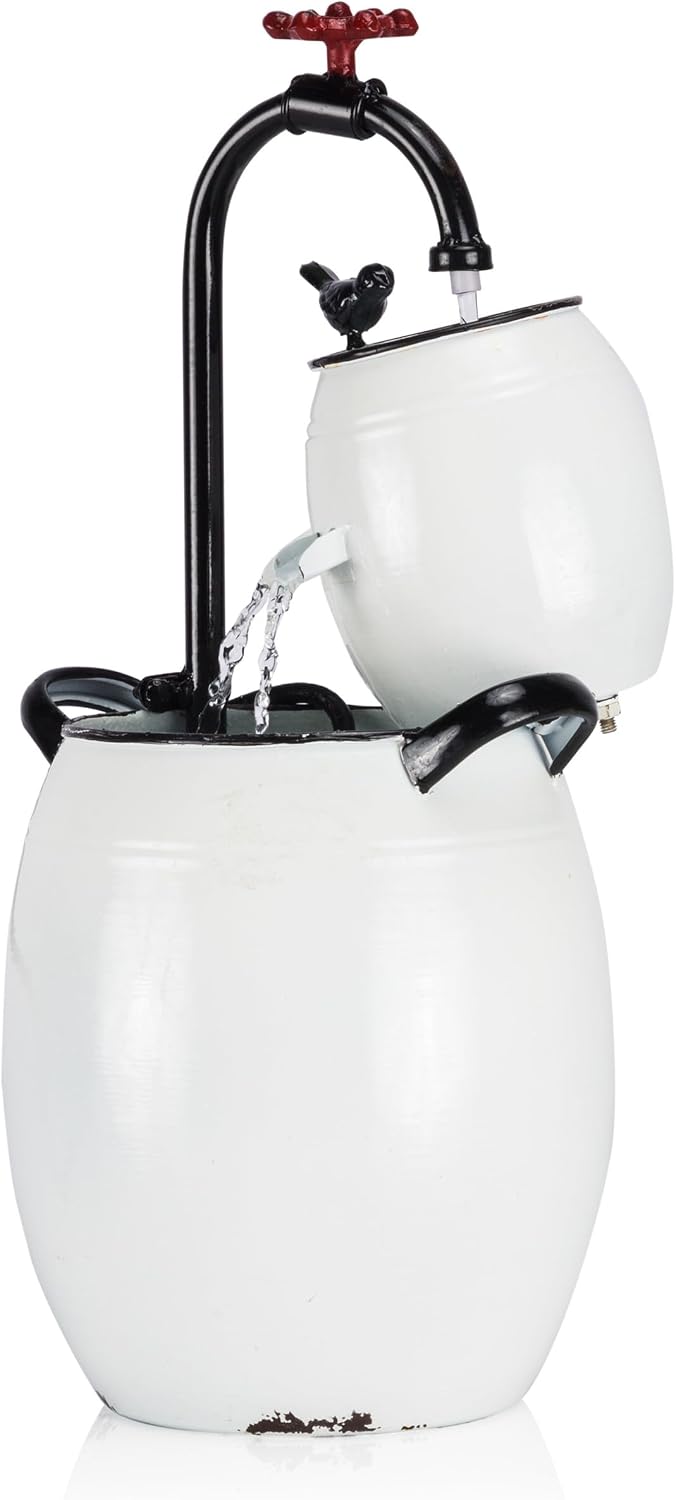 Alpine Corporation YHL428 Outdoor Tabletop Barrels and Faucet Water Fountain, Antique Tabletop Décor Fountain 19', White