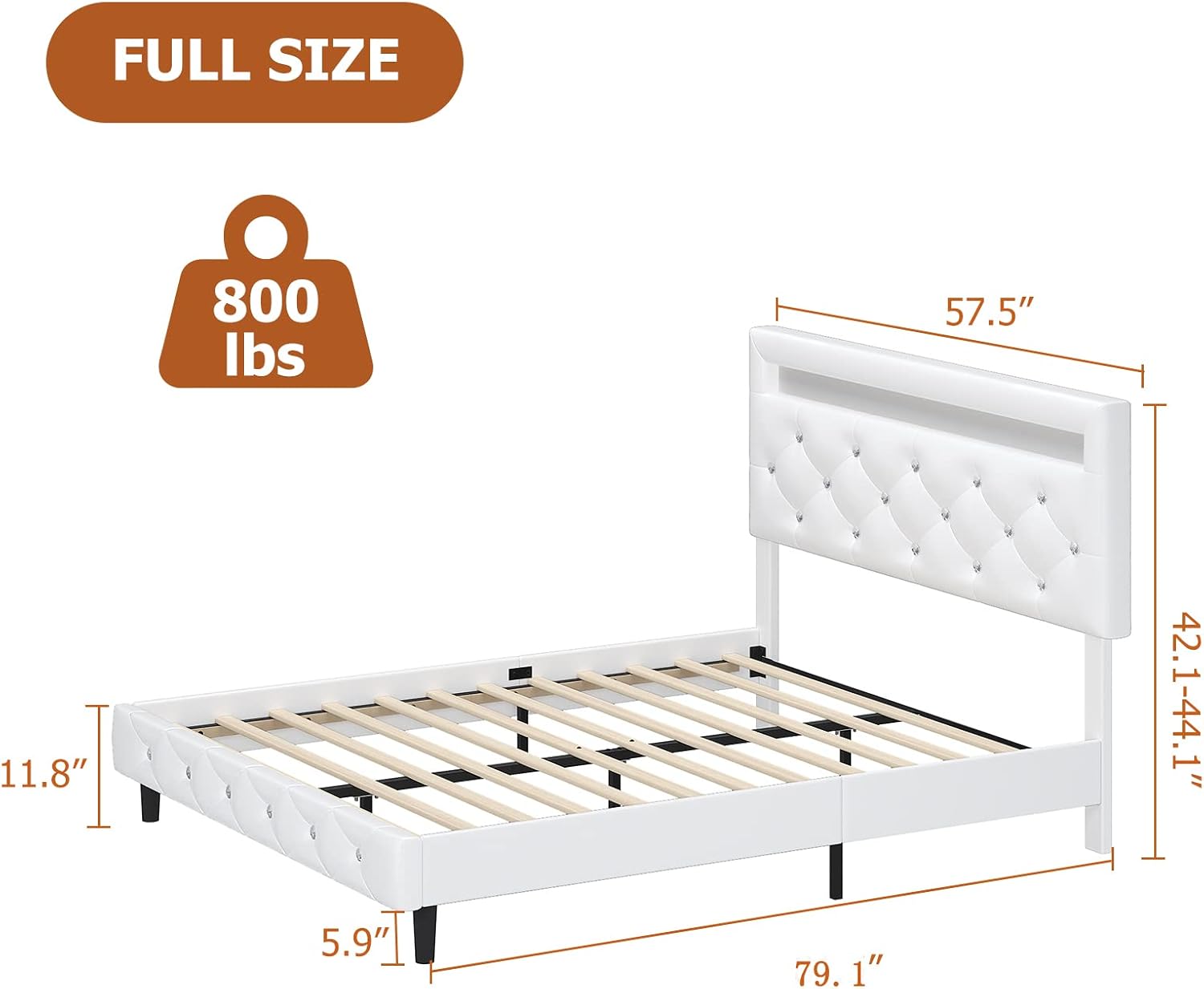Keyluv Modern Upholstered Full Size Bed Frame with LED Lights, Faux Leather Low Profile Platform Bed Frame, Adjustable Crystal Button Tufted Headboard, Strong Wood Slat Support, Easy Assembly, White