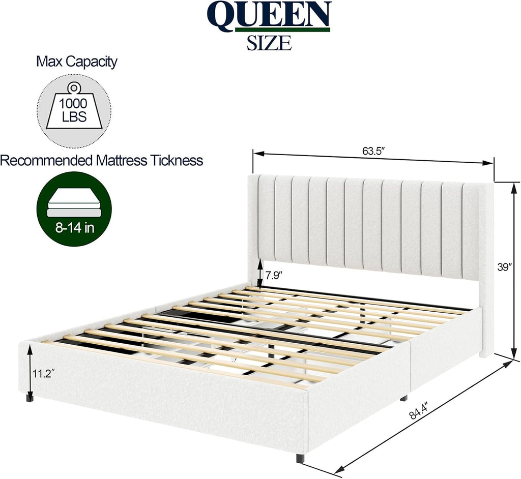 Queen Size Storage Bed Frame with 4 Drawers, Ivory Boucle Upholstered Platform Bed, Vertical Channel Tufted Headboard, Metal Frame Support, No Box Spring Needed | Dust-Proof Storage, High-Capacity Metal, Keyhole Pin Latch, Quick-Setup Tooling