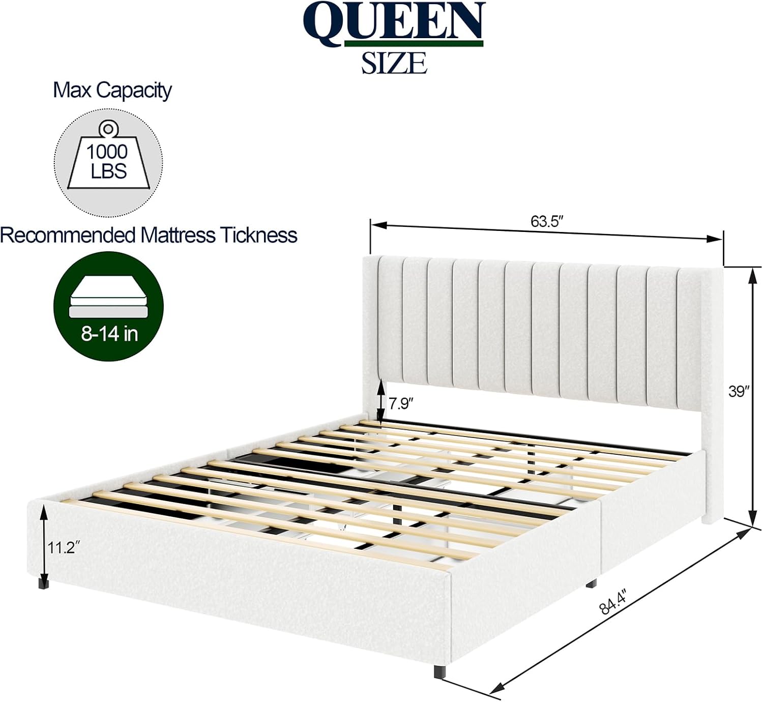 Queen Size Storage Bed Frame with 4 Drawers, Ivory Boucle Upholstered Platform Bed, Vertical Channel Tufted Headboard, Metal Frame Support, No Box Spring Needed | Dust-Proof Storage, High-Capacity Metal, Keyhole Pin Latch, Quick-Setup Tooling