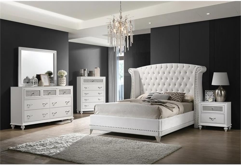 Pemberly Row 5-Piece Queen Bedroom Set, White Velvet Upholstered Bed with Button Tufting, Crocodile Textured Leatherette Finish, Dresser, Nightstand, Mirror, 14-Drawer Storage, Contemporary Design