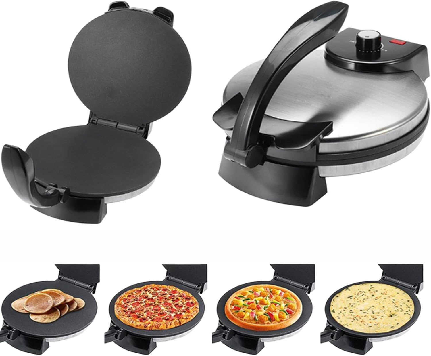Electric Roti Maker– Non-Stick Chapati Press with Adjustable Temperature, Double-Sided Heating, Anti-Scald Handle & Indicator Lights, 10 Inch Tortilla Crepe Pancake Machine