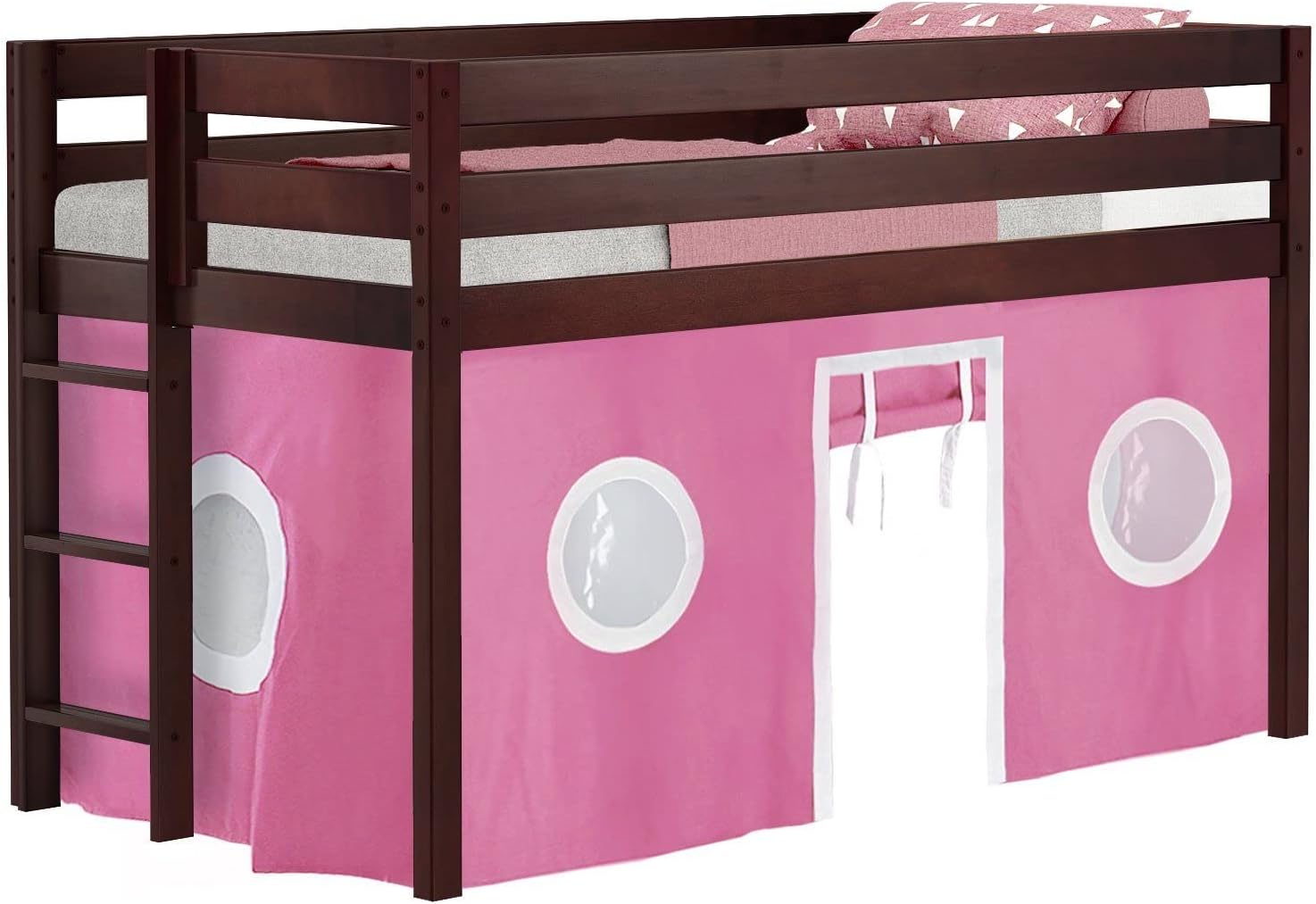 JACKPOT! Contemporary Low Loft Twin Bed with End Ladder, Cherry with Pink & White Tent