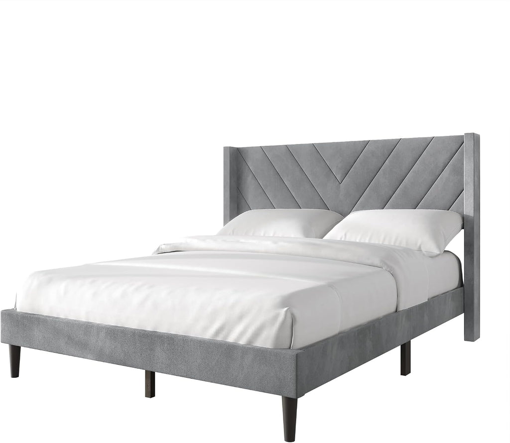 King Platform Bed Frame with Chevron-Stitched Wingback Headboard, Velvet Upholstery, No Box Spring Needed, Easy Assembly, Light Grey