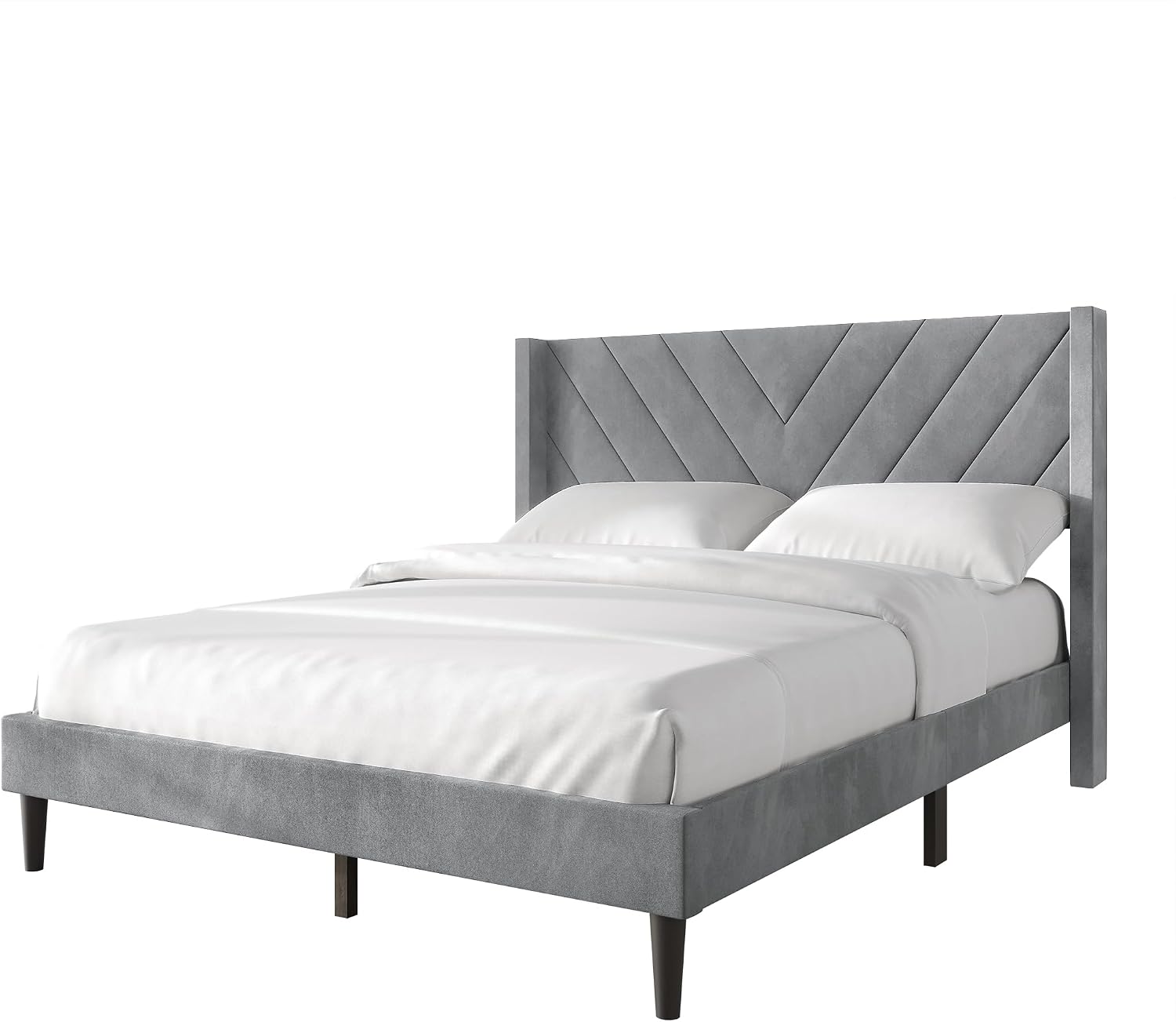 Queen Platform Bed Frame with Chevron-Stitched Wingback Headboard, Velvet Upholstery, No Box Spring Needed, Easy Assembly, Light Grey