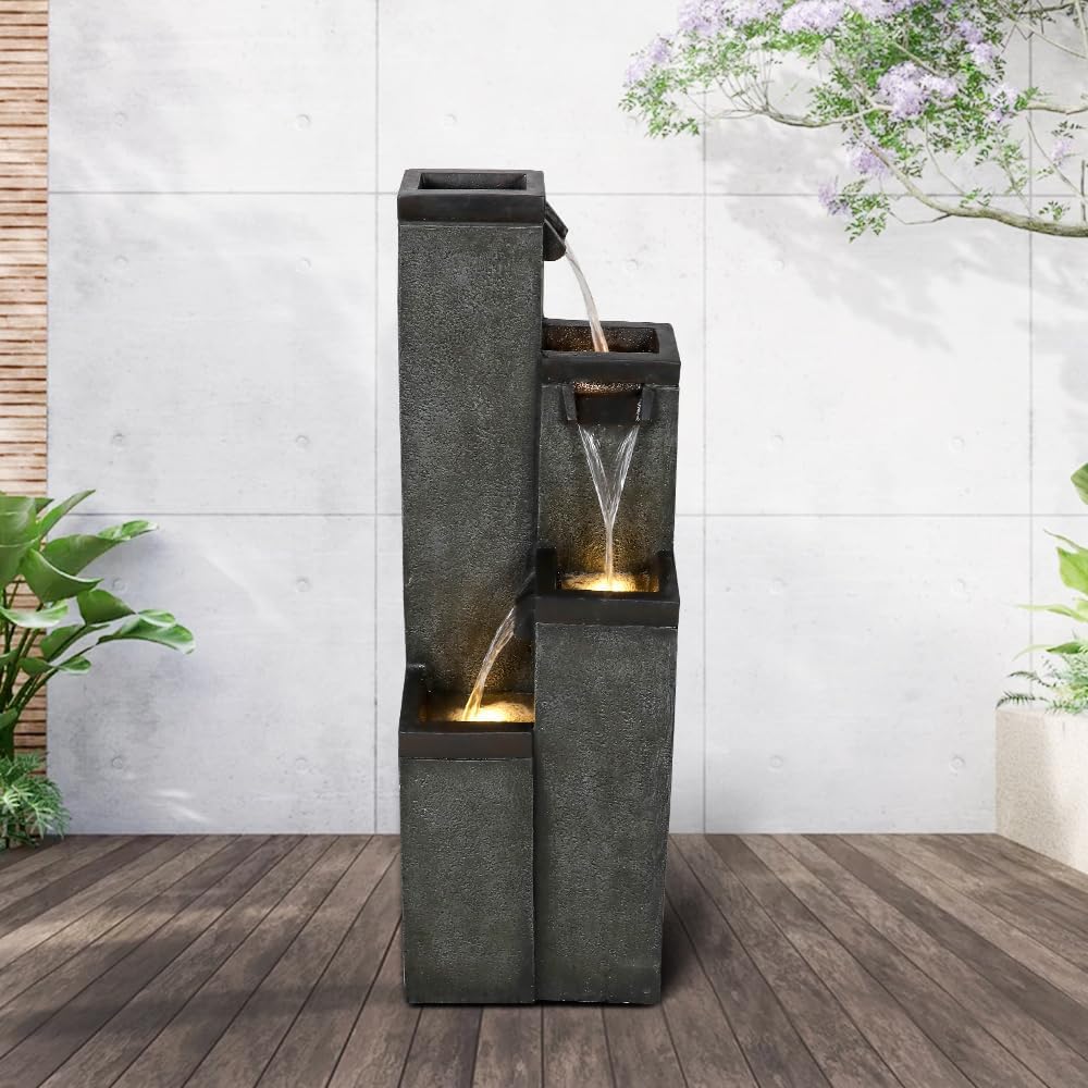 Modern Floor-Standing Water Fountain 39.3' High, Indoor Outdoor Water Fountain with Lights for Home, Garden, Patio Decor