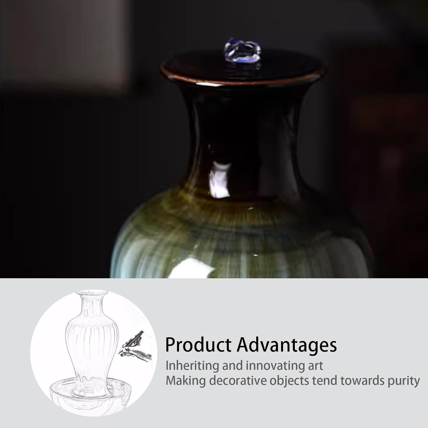 Tabletop Water Fountain, Zen Relaxation, Ceramic Material, Vase Shape, Indoor Waterfall, Meditation, for Home Office Bedroom Living Room Desktop Decor(Green,11 * 11 * 15.7IN)