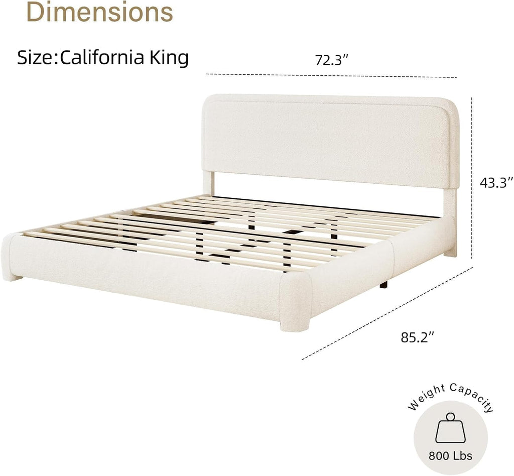 BarnFurin Boucle Upholstered California King Bed Frame/Soft Rounded Corners Headboard/Low Profile Bed Frame/No Box Spring Needed/Non-Slip and Noise-Free/Cream