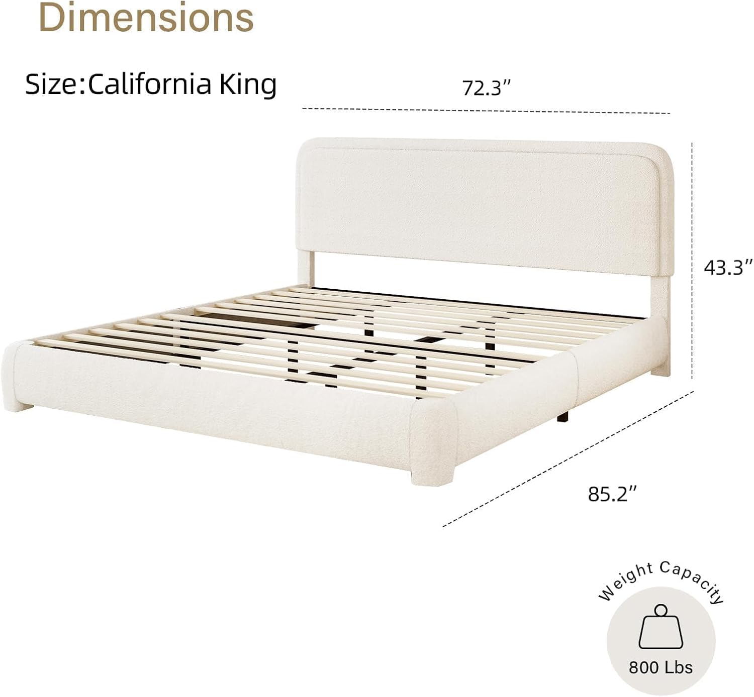 BarnFurin Boucle Upholstered California King Bed Frame/Soft Rounded Corners Headboard/Low Profile Bed Frame/No Box Spring Needed/Non-Slip and Noise-Free/Cream
