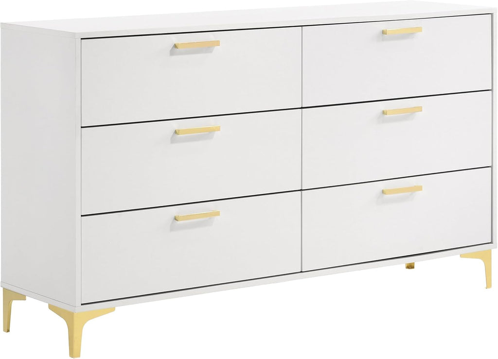 Coaster Home Furnishings Kendall 5-piece Modern Bedroom Set Eastern King Size Upholstered Tufted Bed Frame Velvet Upholstery Nightstand Dresser Mirror and Chest White 224401KE-S5