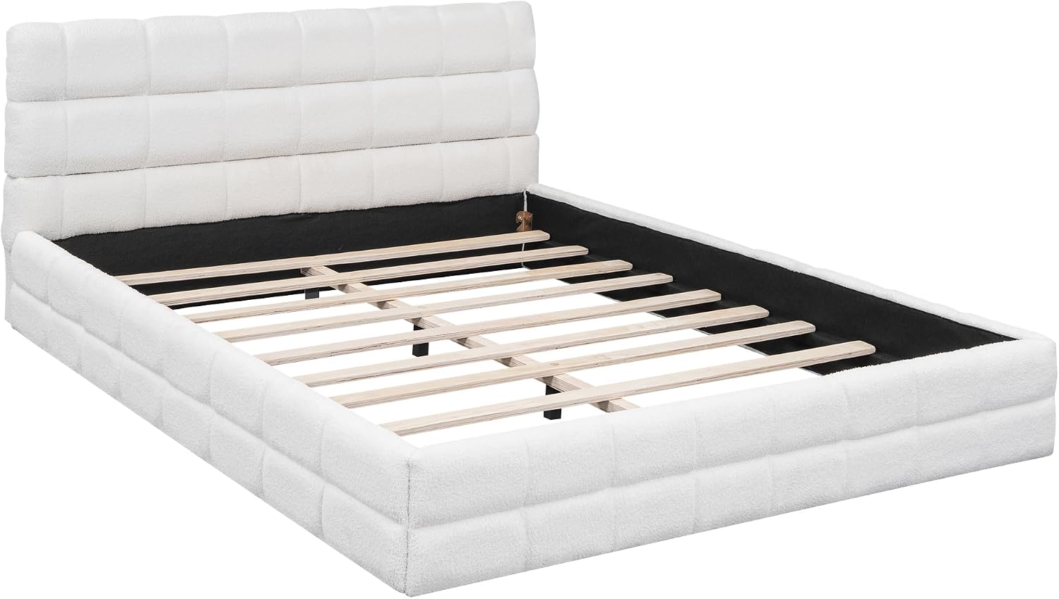 Ball & Cast Queen Size Low Bed Frame with Soft Fleece Headboard, Grounded Floor Platform Bed with Wood Slats Support for Kids Teens Adults,No Box Spring Needed,Easy Assembly,White